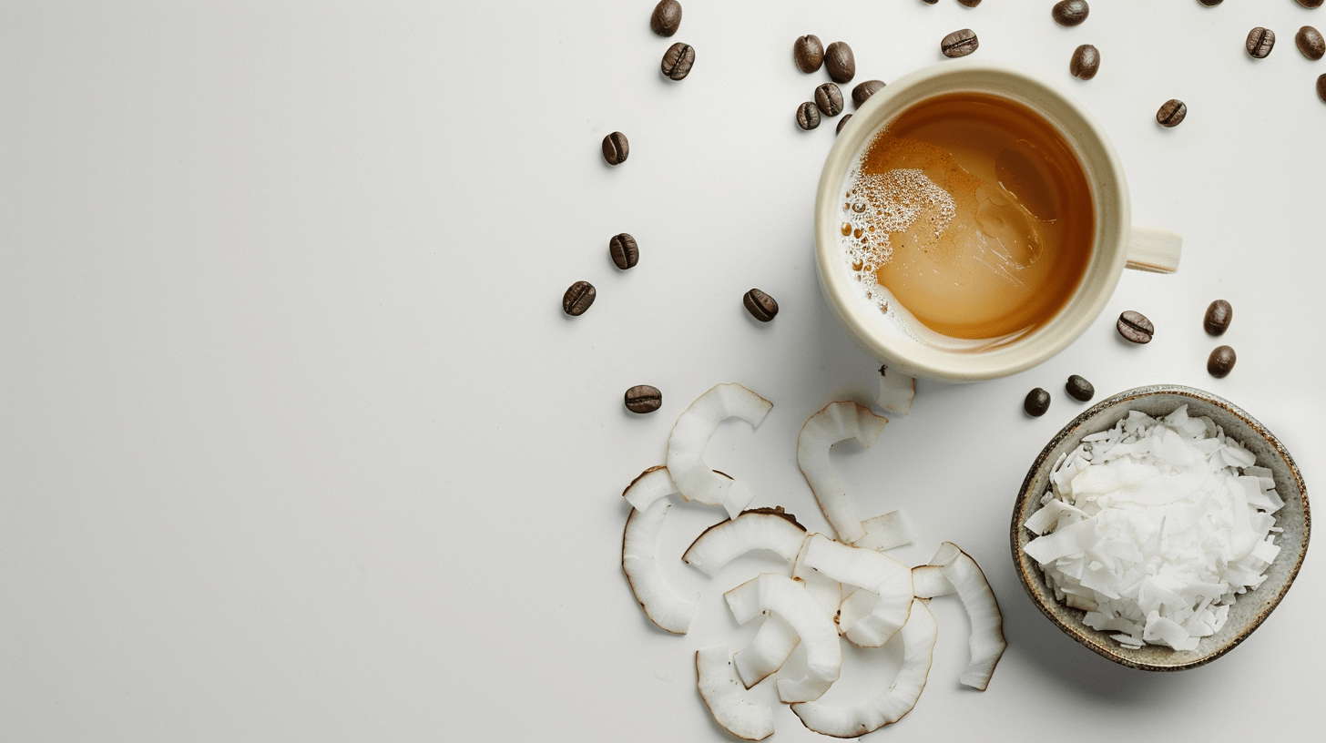 Bulletproof Kaffee mit Kokosnussfruchtfleisch daneben